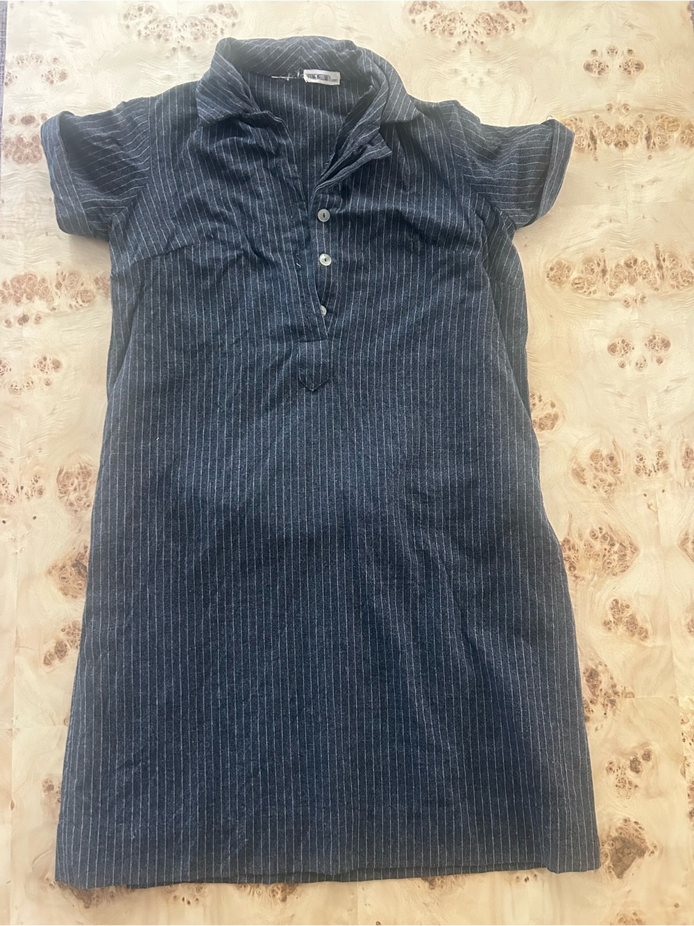 Women’s Vintage Maternity Shift Dress, Linen, Gray & White Pinstripe, XS